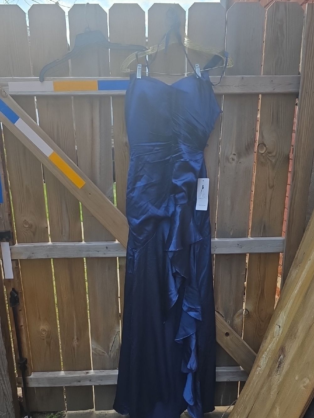 Elegant Navy Blue Ruffled Satin Evening Dress